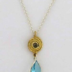 Two tone Israeli jewelry contemporary necklace with Blue Topaz stones to a full elegance look