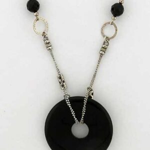 Large and shiny Onyx donut stone pendent with an oxidized sterling silver chain