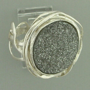 Round Silver Druzy Stone with Crafted Ring Band