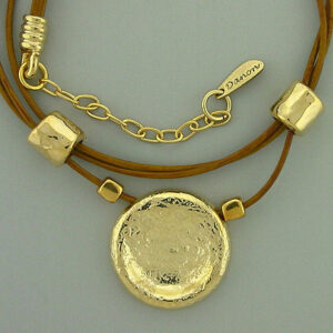 Hand Crafted Of Brown Leather Necklace with Gold Plated Motives