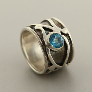 Wide Sterling Silver Band with Blue Topaz Stone