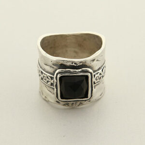 Wide Sterling Silver Band With Square Onyx Stone And Design in Center