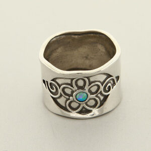 Wide Sterling Silver Band With Flower And Opal Stone